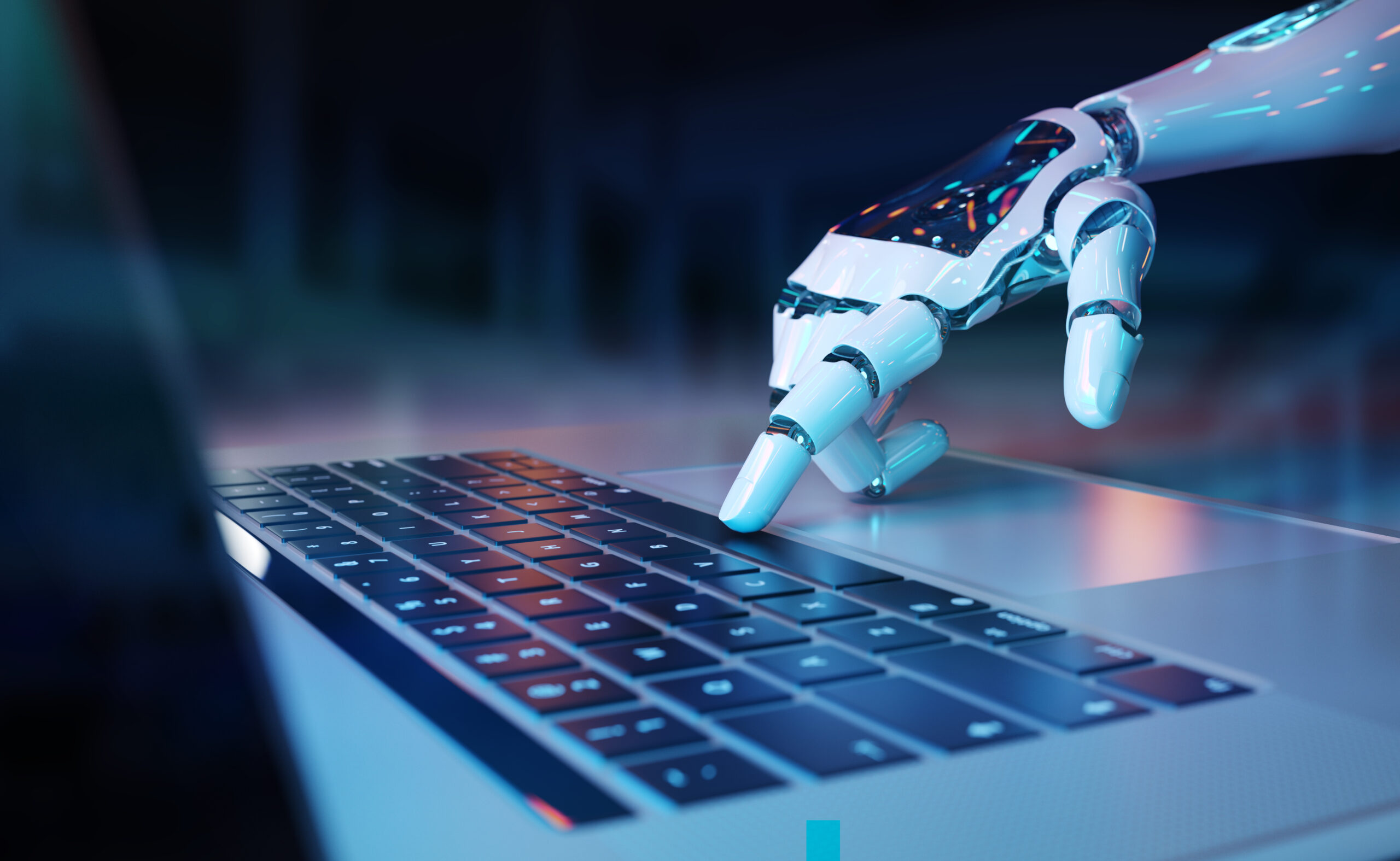 Robotic cyborg hand pressing a keyboard on a laptop 3D rendering